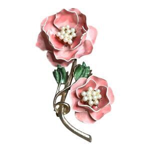 Vintage Metal Art Pink Flower Green Leaves Faux Pearls Center Articulated Brooch